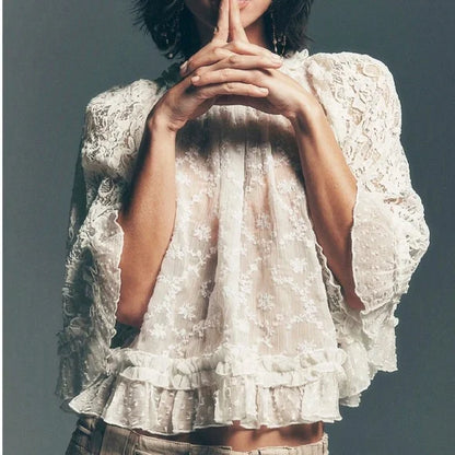 2026 NEW TREND-Boho Floral Semi Sheer Loose Fit Ruffle Hem Blouse