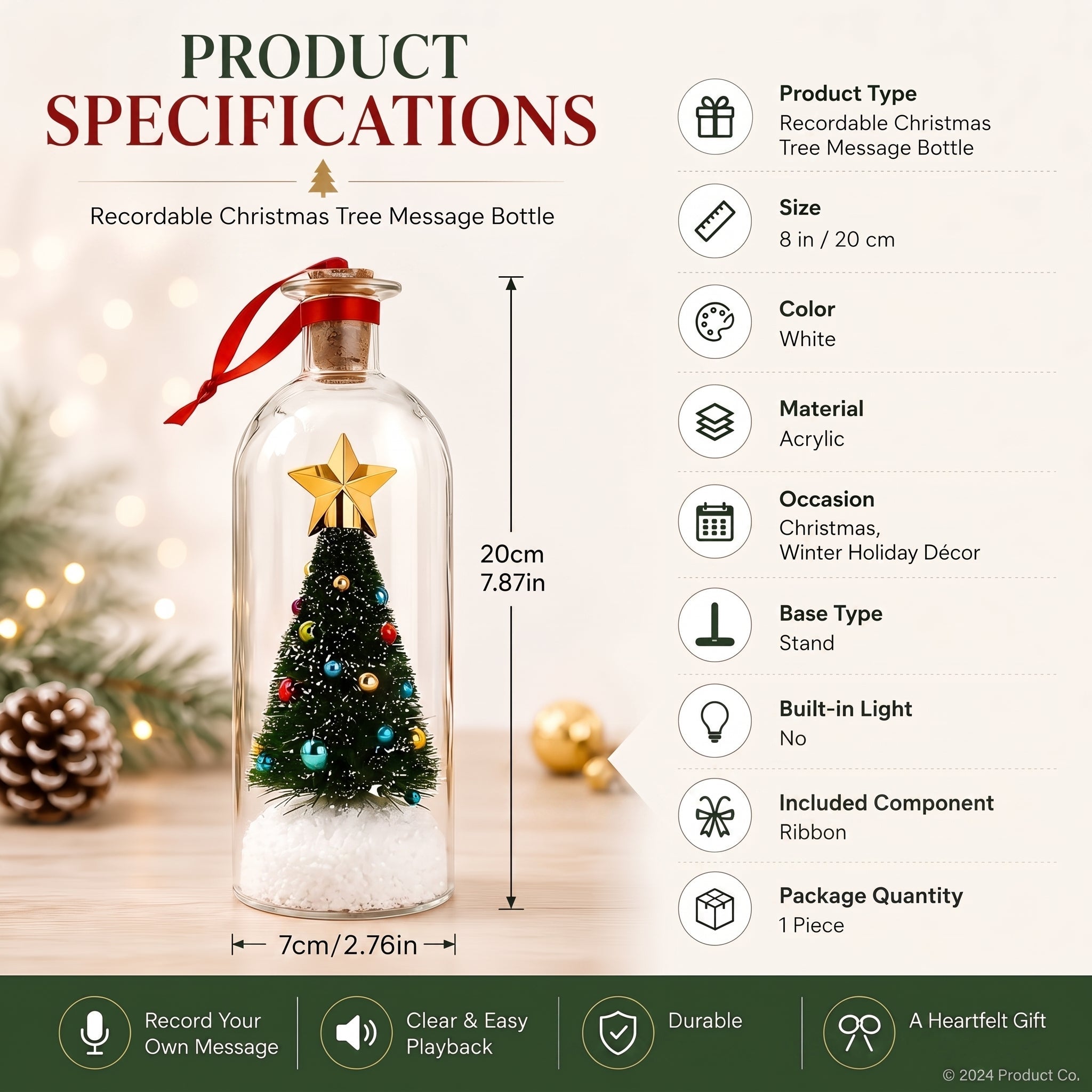 🔥Recordable Christmas Tree Bottle Ornament, Personalized Voice Message Holiday Tabletop Decor Gift