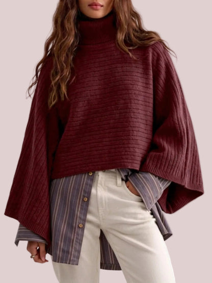 Women's Turtleneck Batwing Sleeve Knit Poncho Sweater