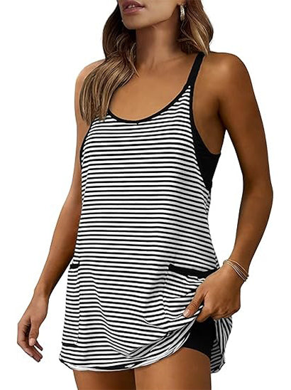 Women's Striped Athletic Mini Dress with Built-in Shorts