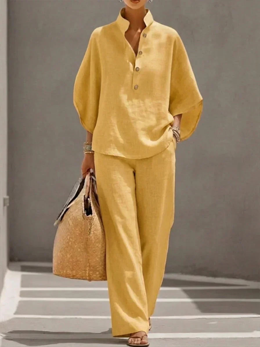 Linen Set with Batwing Sleeves and Wide Pants