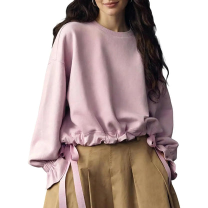 Women Oversized Crew Neck Drawstring Ruffle Hem Long Sleeve Blouse