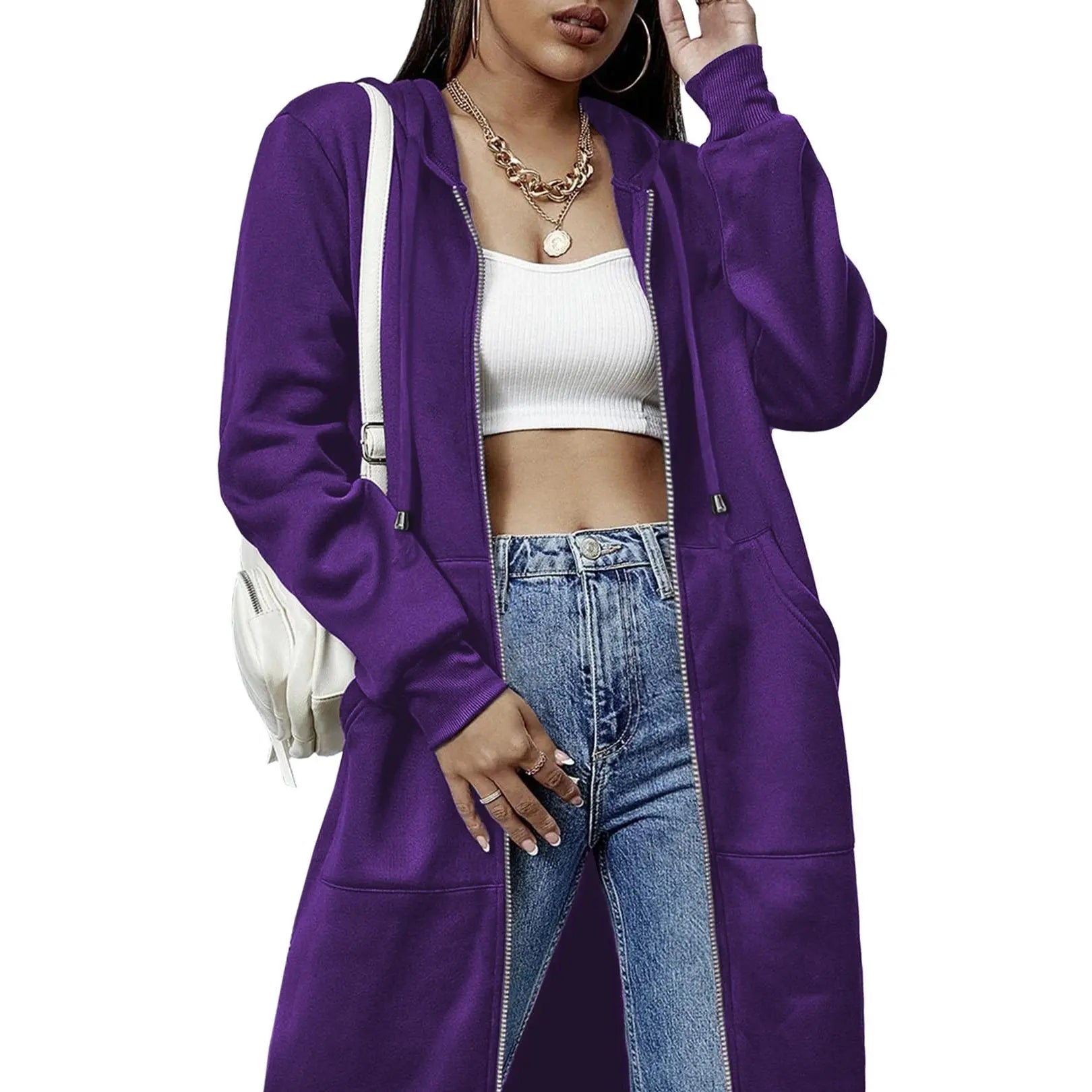 Women Oversized Full Zip Long Length Hooded Jacket with Side Pockets