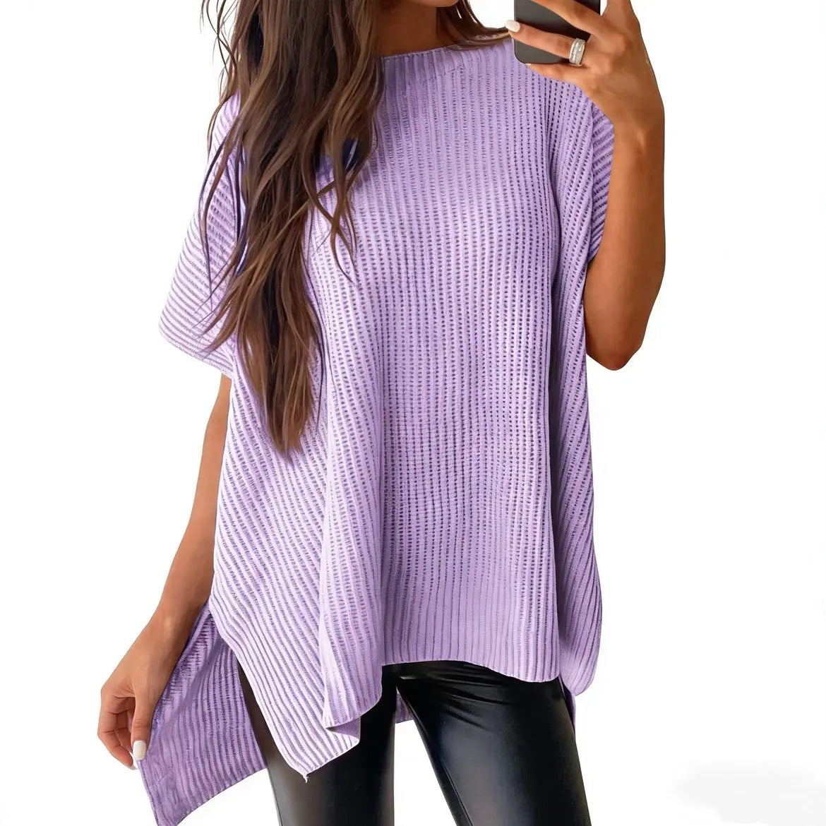 Women Loose Batwing Side Split Ribbed Knit Short Sleeve Blouse