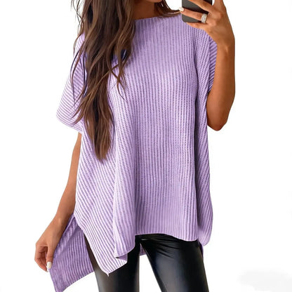 Women Loose Batwing Side Split Ribbed Knit Short Sleeve Blouse