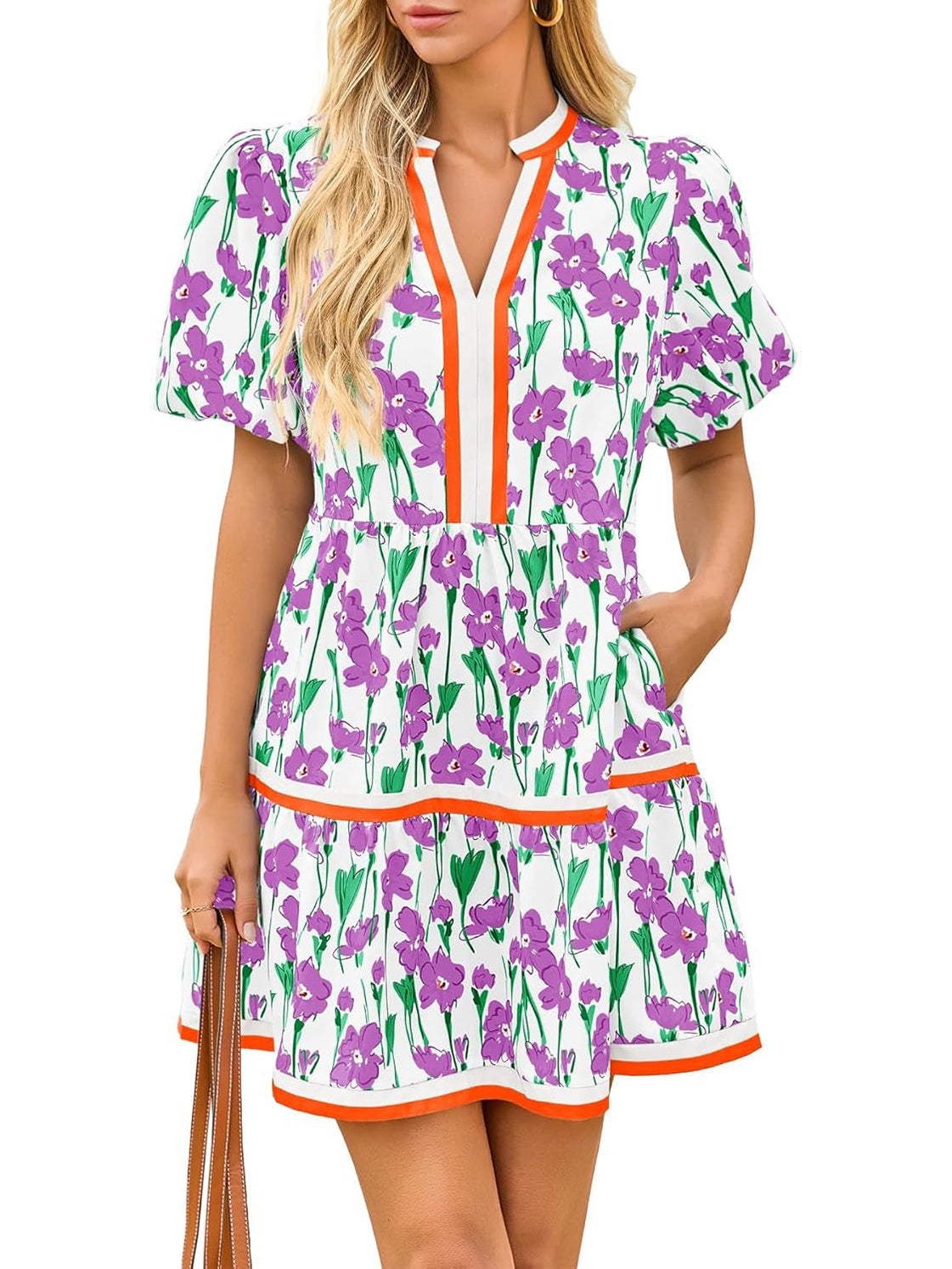 2026 Women's V Neck Floral Dress Short Puff Sleeve Boho Dresses