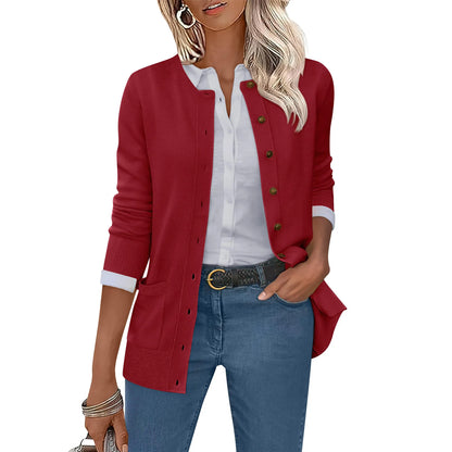 Women Round Neck Long Sleeve Button Front Knit Cardigan with Pockets
