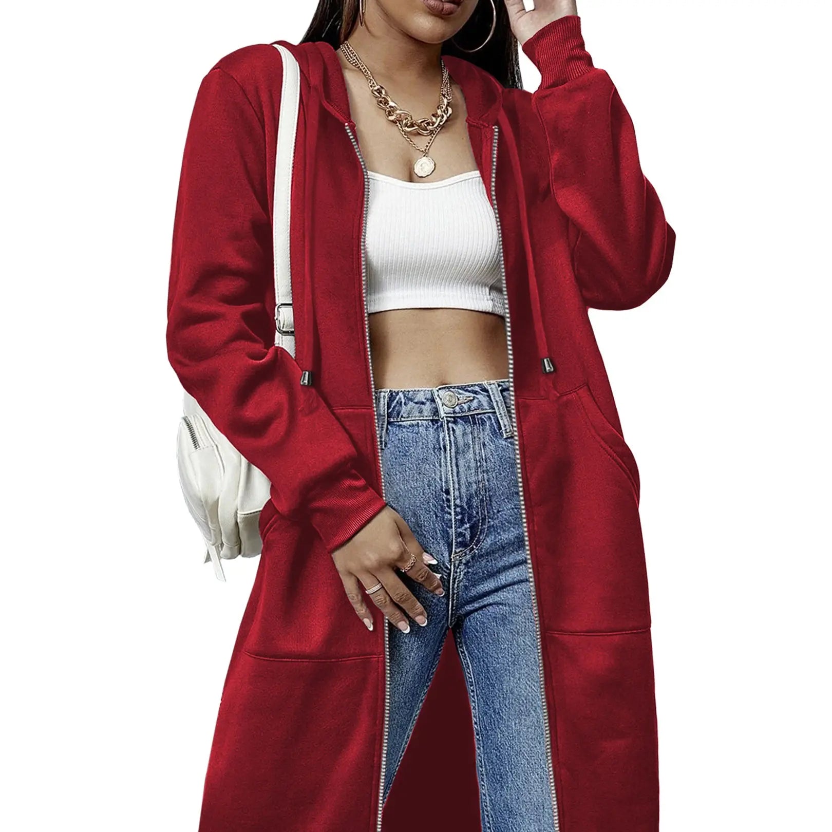 Women Oversized Full Zip Long Length Hooded Jacket with Side Pockets