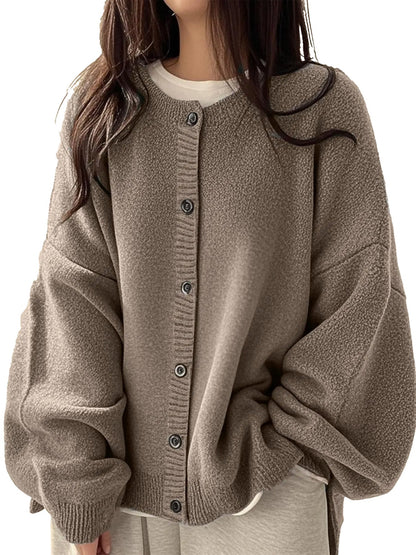 Loose Round Neck Knit Cardigan & Basic Button‑Up Lantern‑Sleeve Outer Top