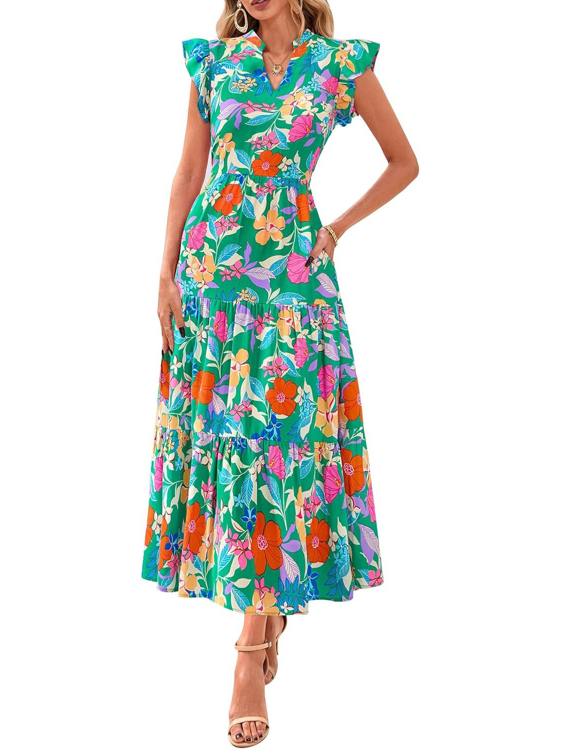 Women's Boho Print V Neck Ruffle Maxi Dress