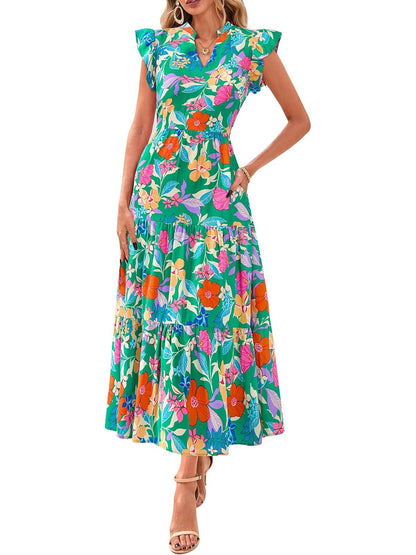 Women's Boho Print V Neck Ruffle Maxi Dress