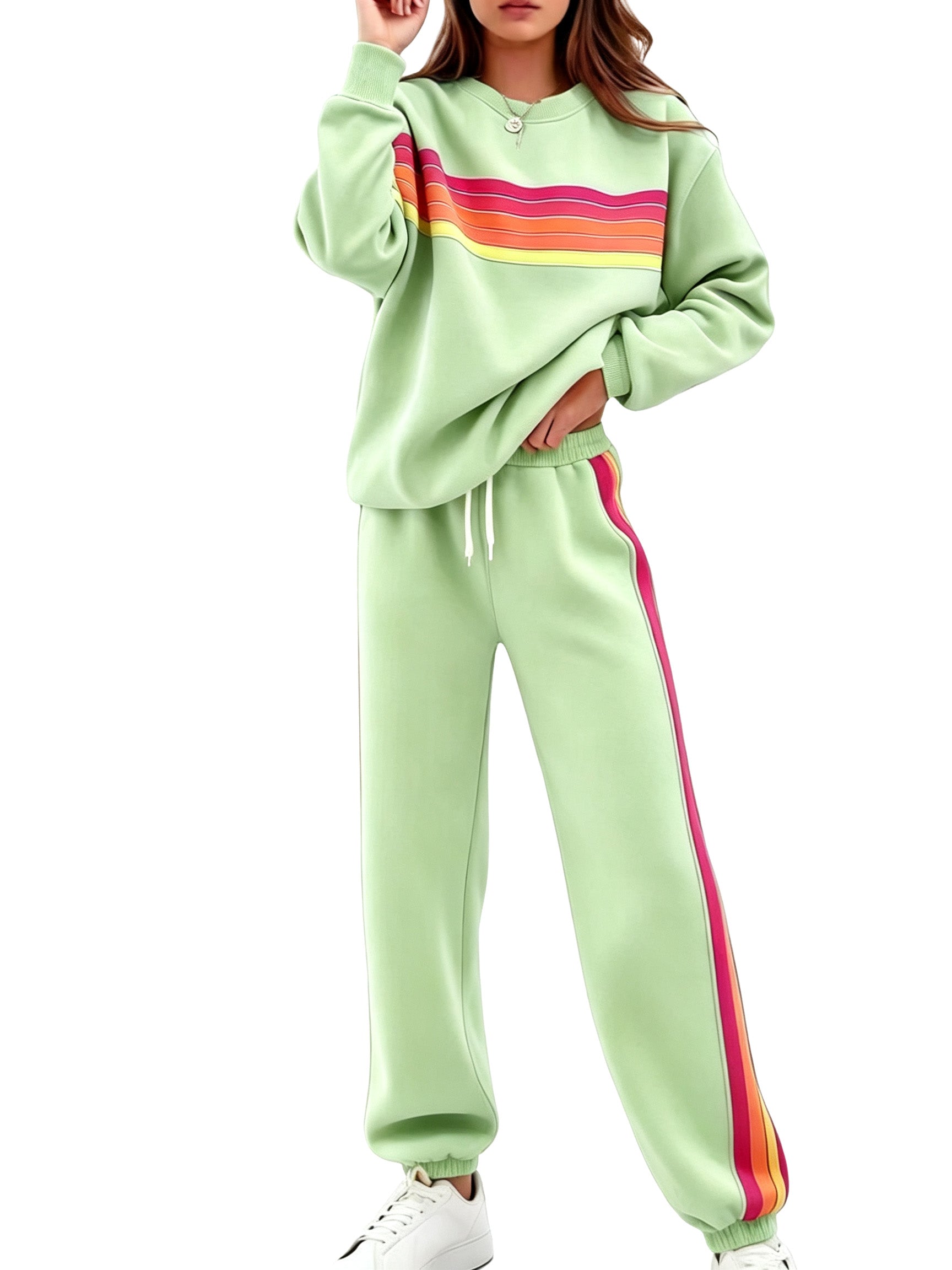 Women Retro Rainbow Stripe 2 Piece Sweat Loungewear Set