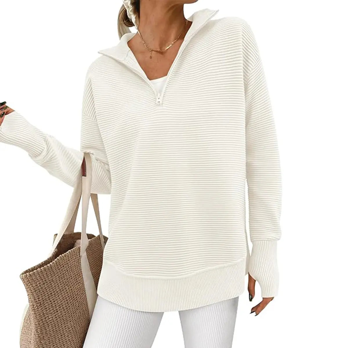 Hot Sale-Women Oversized Half Zip Collar Vertical Rib Long Sleeve Knit Top