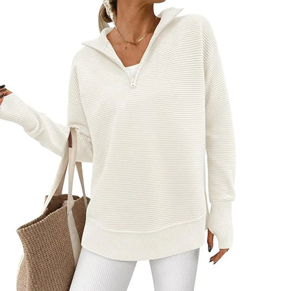 Hot Sale-Women Oversized Half Zip Collar Vertical Rib Long Sleeve Knit Top