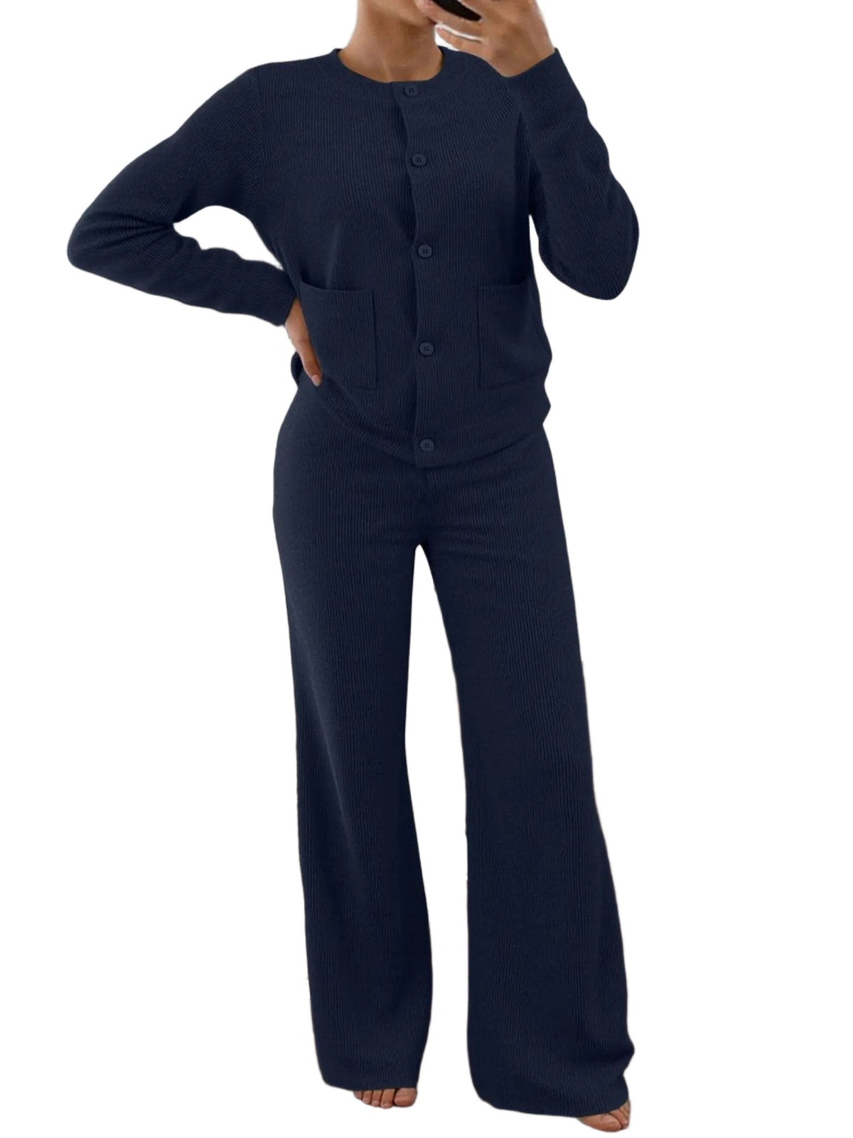 Women Button Top And High Waist Wide Leg Pants Set