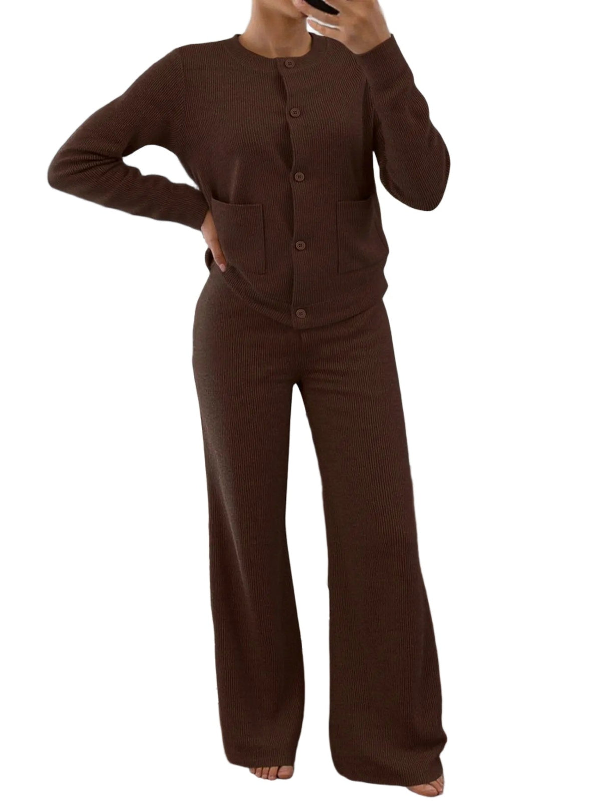 Women Button Top And High Waist Wide Leg Pants Set