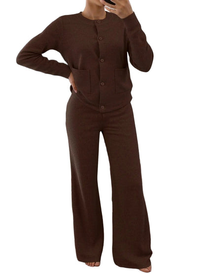 Women Button Top And High Waist Wide Leg Pants Set