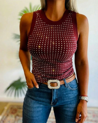 Rhinestone Decor O-neck Sleeveless Tee Slim Fit Ribbed Tank Top（BUY 2 FREE SHIPPING)