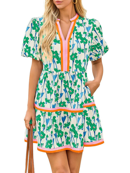 2026 Women's V Neck Floral Dress Short Puff Sleeve Boho Dresses