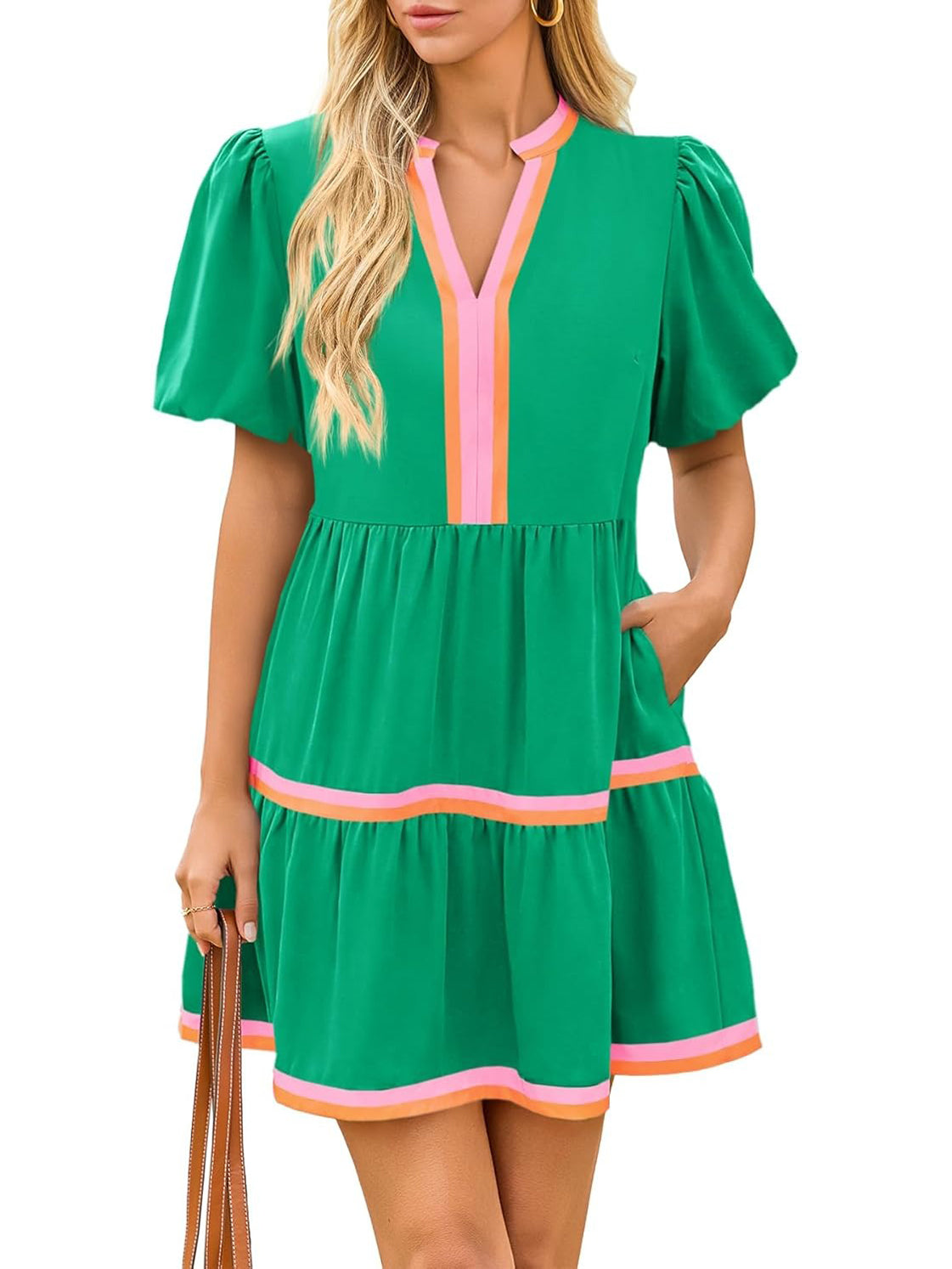 2026 Women's V Neck Floral Dress Short Puff Sleeve Boho Dresses