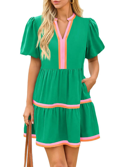 2026 Women's V Neck Floral Dress Short Puff Sleeve Boho Dresses