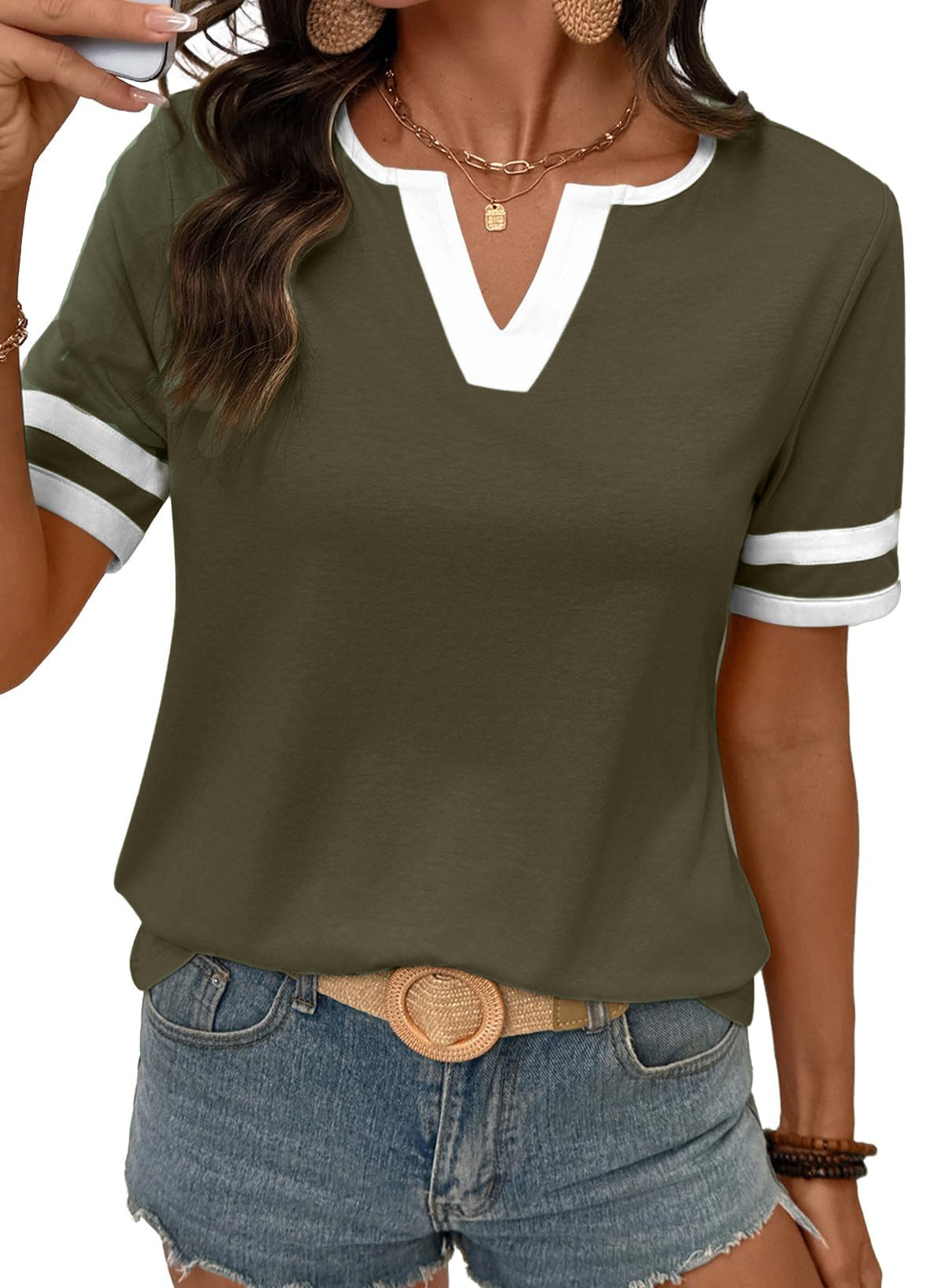2026 Spring/Summer Women's Casual Colorblock V-Neck T-Shirt