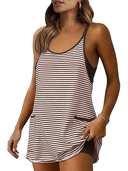 Women's Striped Athletic Mini Dress with Built-in Shorts
