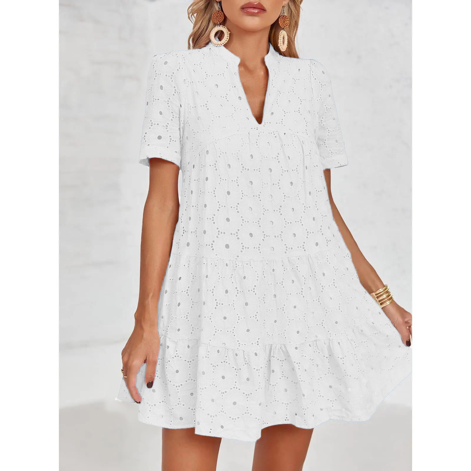 Women’s Summer Lace Dresses Eyelet Casual Flowy Babydoll Swing(Buy 2 Free Shipping）
